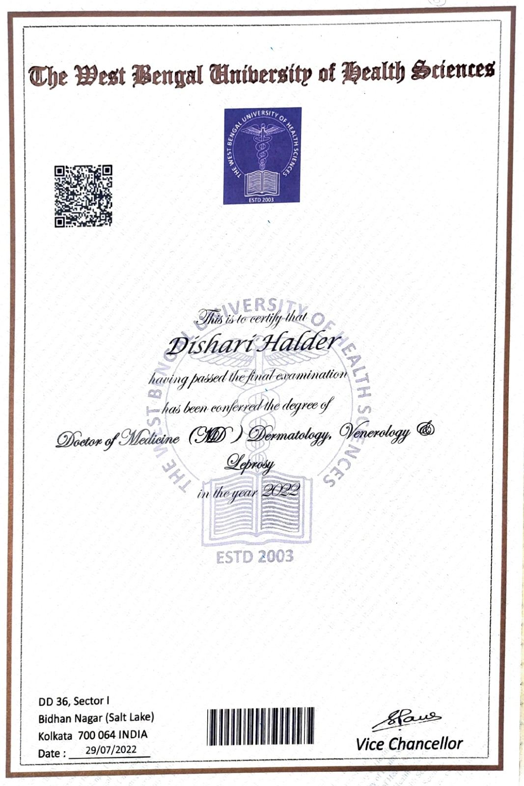 Dr Dishari dermatologist certificate