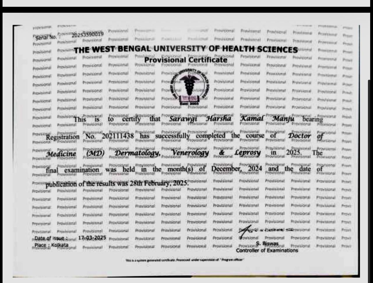 Dr Harsha Sawargi dermatologist certificate