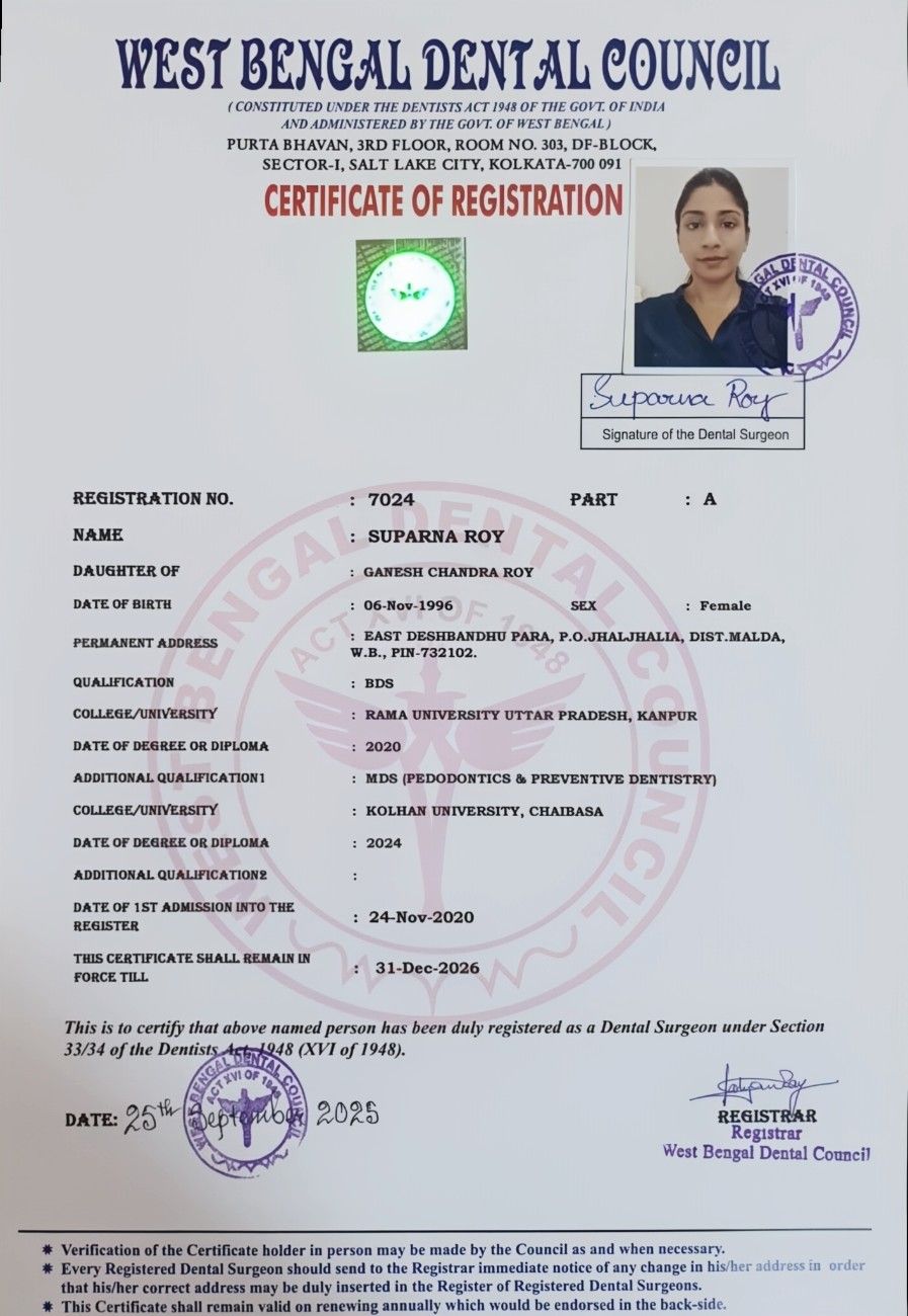 Pedodontics registration certificate — Dontia Care Clinic